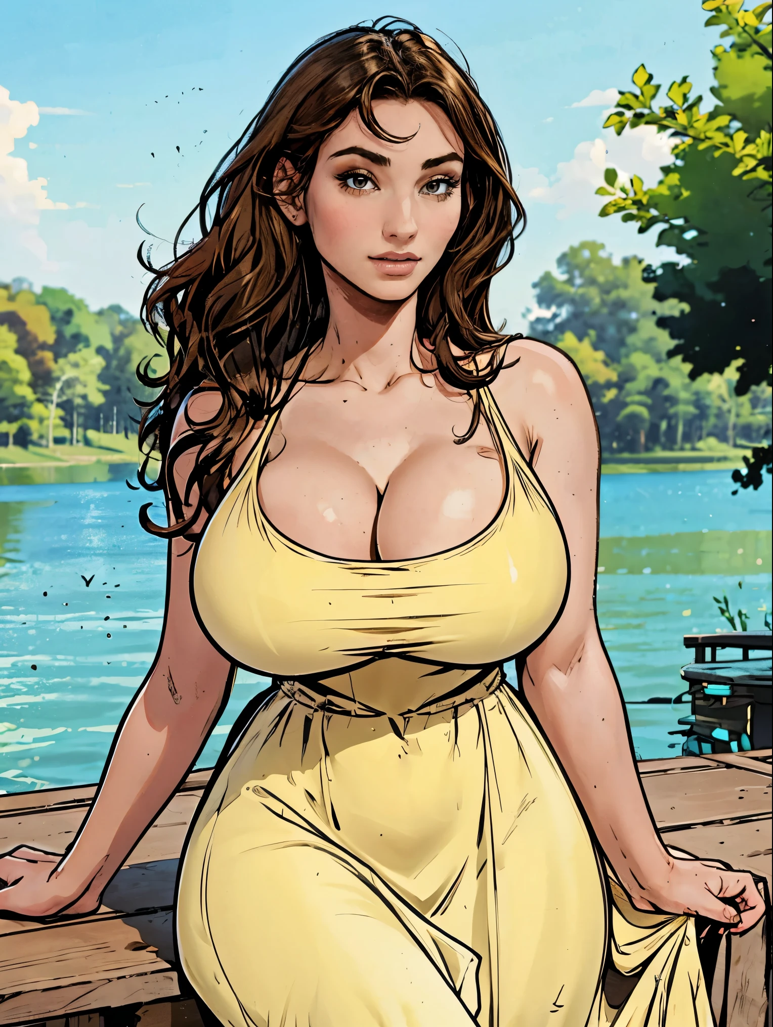 Gorgeous and sultry busty athletic (thin) brunette with sharp facial features and a (large nose) and (huge boobs) wearing a pale yellow sundress, long dress, skindentation, cleavage, park, lake, picnic