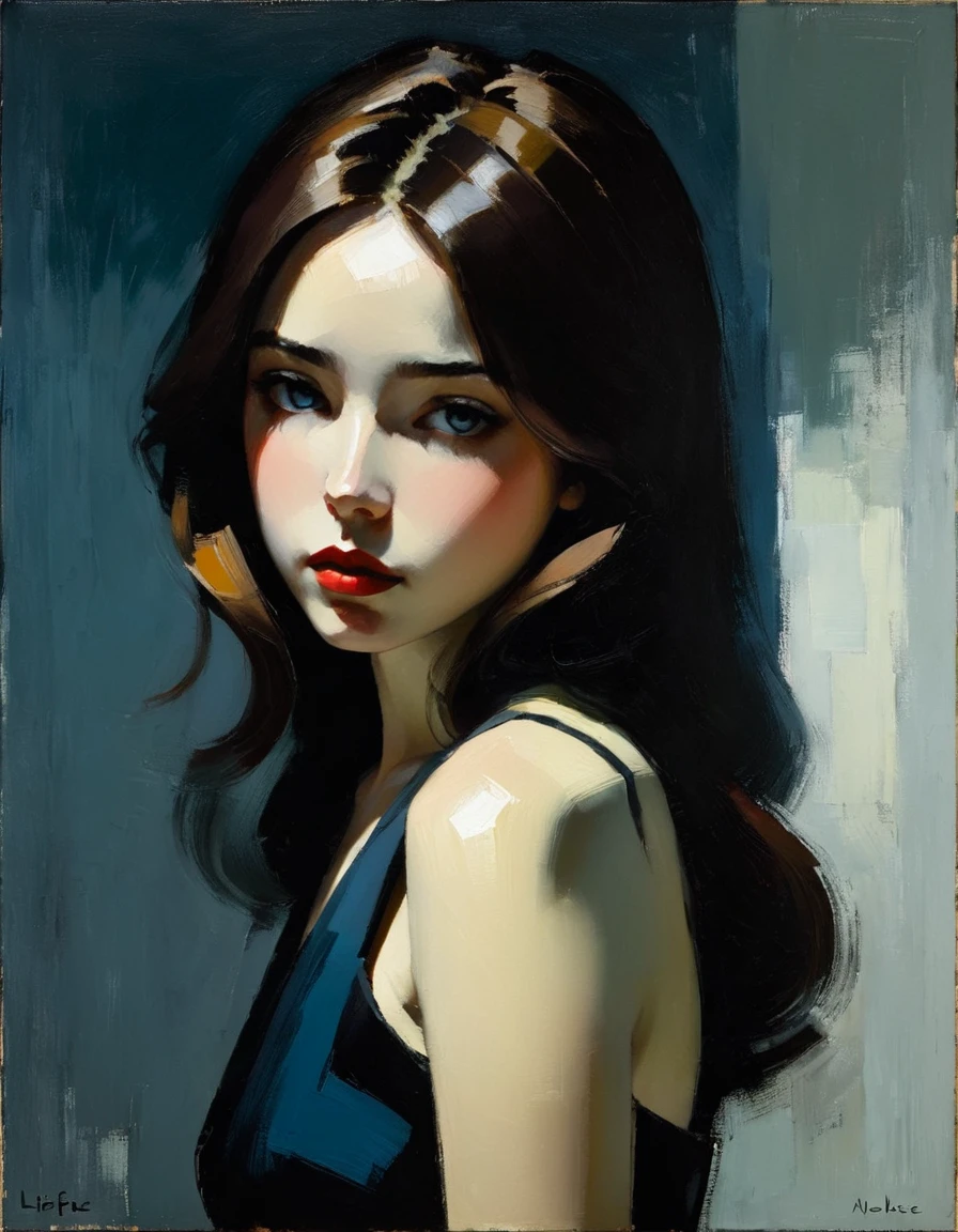 Create an evocative oil painting inspired by Malcolm Liepke, based on the provided image. Capture the intense, introspective expression of the young subject using thick, Incorporate earthy tones, deep blues, and warm browns to create a harmonious and inviting composition. Highlight the emotional depth and vulnerability in the subject's gaze, emphasizing the play of light and shadow on their face. Maintain a simple, textured background that complements the subject's contemplative presence. Focus on the tactile quality of the oil paint to convey the raw emotion and intimacy characteristic of Liepke's style.