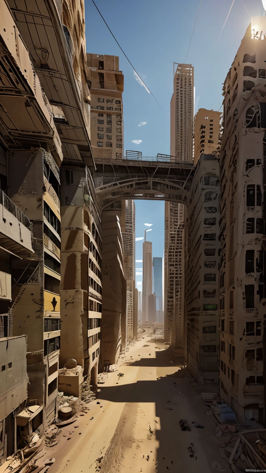 image of the view from inside a winding bridge between a tall tower in the center of a post-apocalyptic North American canyon and another building, view of the entire desert, there is a reinforced concrete walkway connecting one building to another on the horizon, o deserto tem canyons no horizonte, tall buildings on the horizon and everywhere, has smoky structures, carros abandonados nas ruas, desert megalopolis, tall buildings and collapsing to the ground, many destroyed buildings around, sol da tarde, orange sky, visible sun setting, sunset in the sky, sol poente visivel no horizonte alaranjado, TEM UMA GAROTA VESTIDA COM CAPUZ ANDANDO NA RUA, as realistic as possible, As detailed as possible, as realistic as possible, ultra realismo