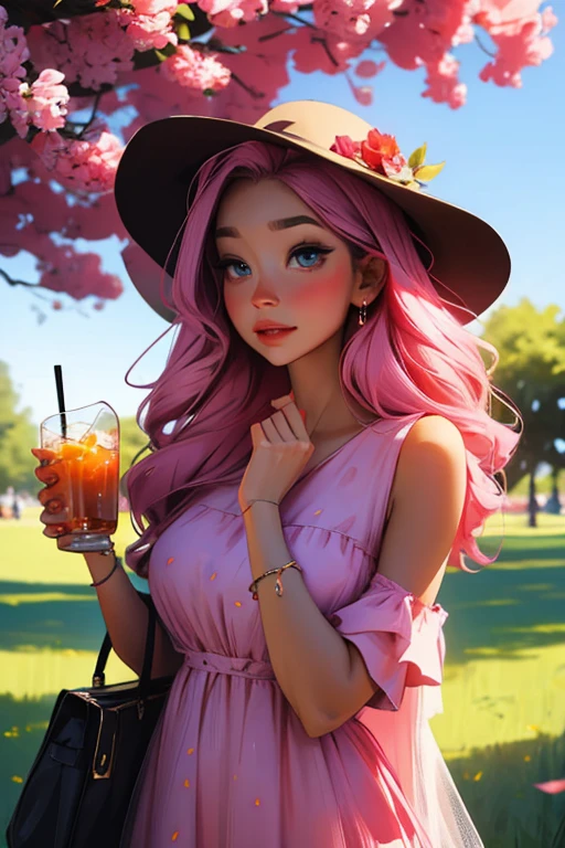 A pink haired woman with violet eyes with an hourglass figure in a summer dress is drinking an iced tea in the park with a blush