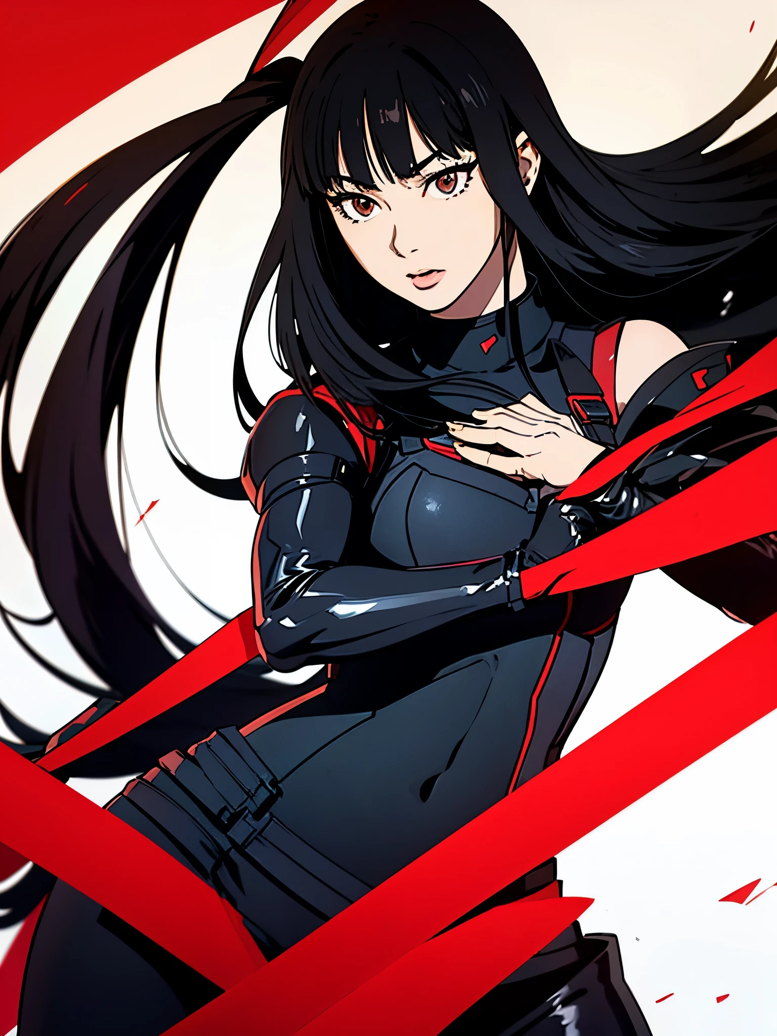 digital art drawing, illustration of (anime girl, long black hair with bangs, brown eyes, flat chest, confident look, black and red latex suit, tactical vest), anime drawing/art, bold linework, illustration, digital art, masterpiece, flat illustration, no shadows, 8k resolution, high detail, vector art, only anime, perfect eyes, perfect hands, perfect fingers, sharpness, high clarity, medium close up, high fidelity
