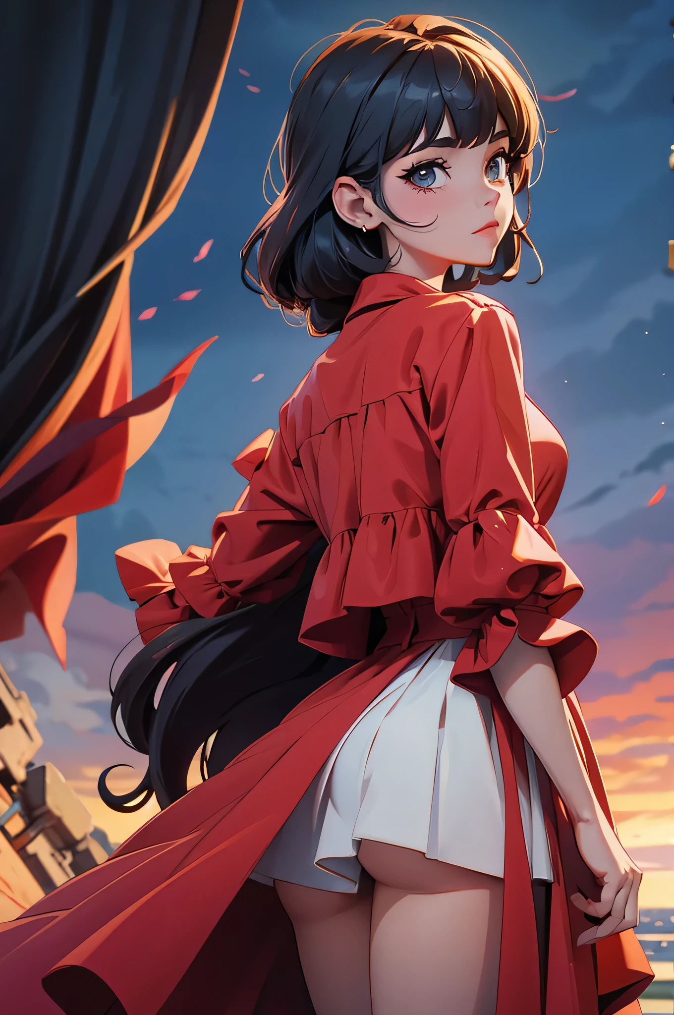 fingers crossed behind back, blood, in sundress, dark