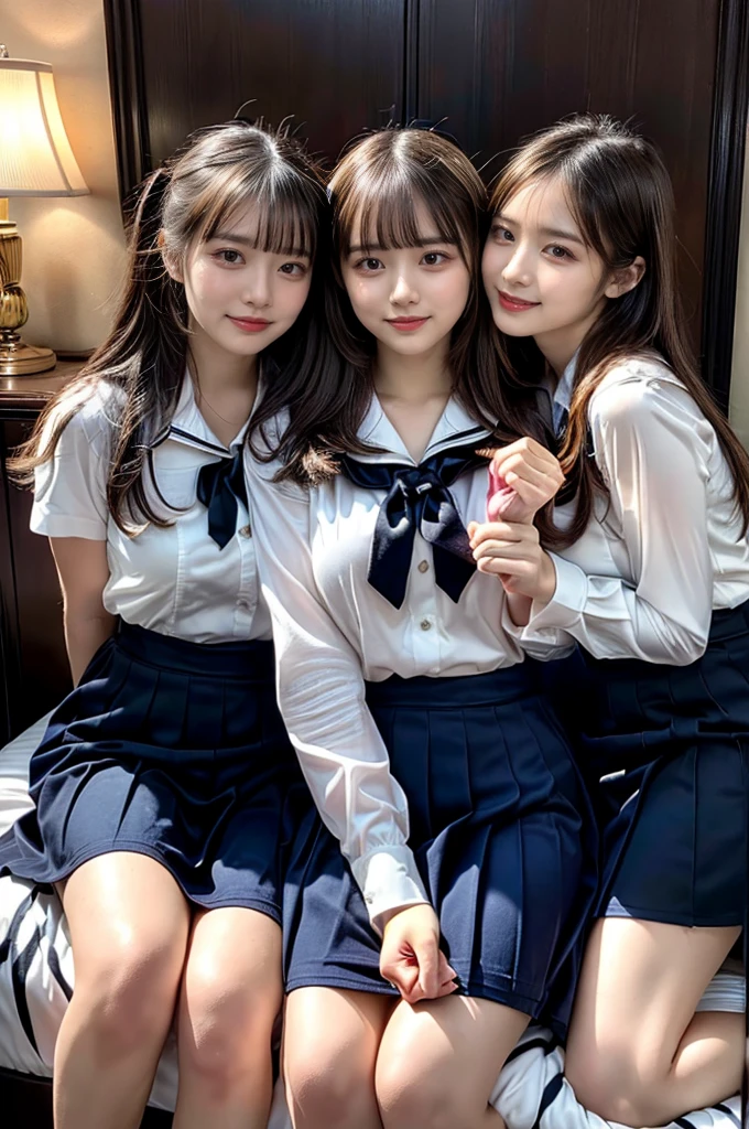 ((Four schoolgirls sitting on bed,Sit across from me,Look at me affectionately fascinated、Enraptured look,Trance,Everyone sees the camera perfectly,1 beautiful girl who is half Spanish,a blond,Brown hair,A dark-haired,photoRealstic,Luxury hotel bed taken from the lap,Same uniform,japanese,4 schoolgirls,Play with each other,Touching each other's bodies,Touching the body of the girl next door,4 Close contact,Very hilarious pose)),(Navy blue skirt in a sailor suit、Red ribbon and white shirt,Same ,large full breasts,very huge round breasts,Beautiful makeup,glitter makeup,Cutest 18 years old)),((Realistic lighting,during daytime,The background is a luxury hotel room,A detailed face,perfect teeth,White teeth,finerly detailed face,Beautiful face,an ecstatic look on one's face,Perfect fingers,Accurate 5 fingers,high-definition RAW color photography, professional photograpy, extremely delicate and beautiful, Extremely detailed,finely detail, Huge file size,Top image quality,8K))