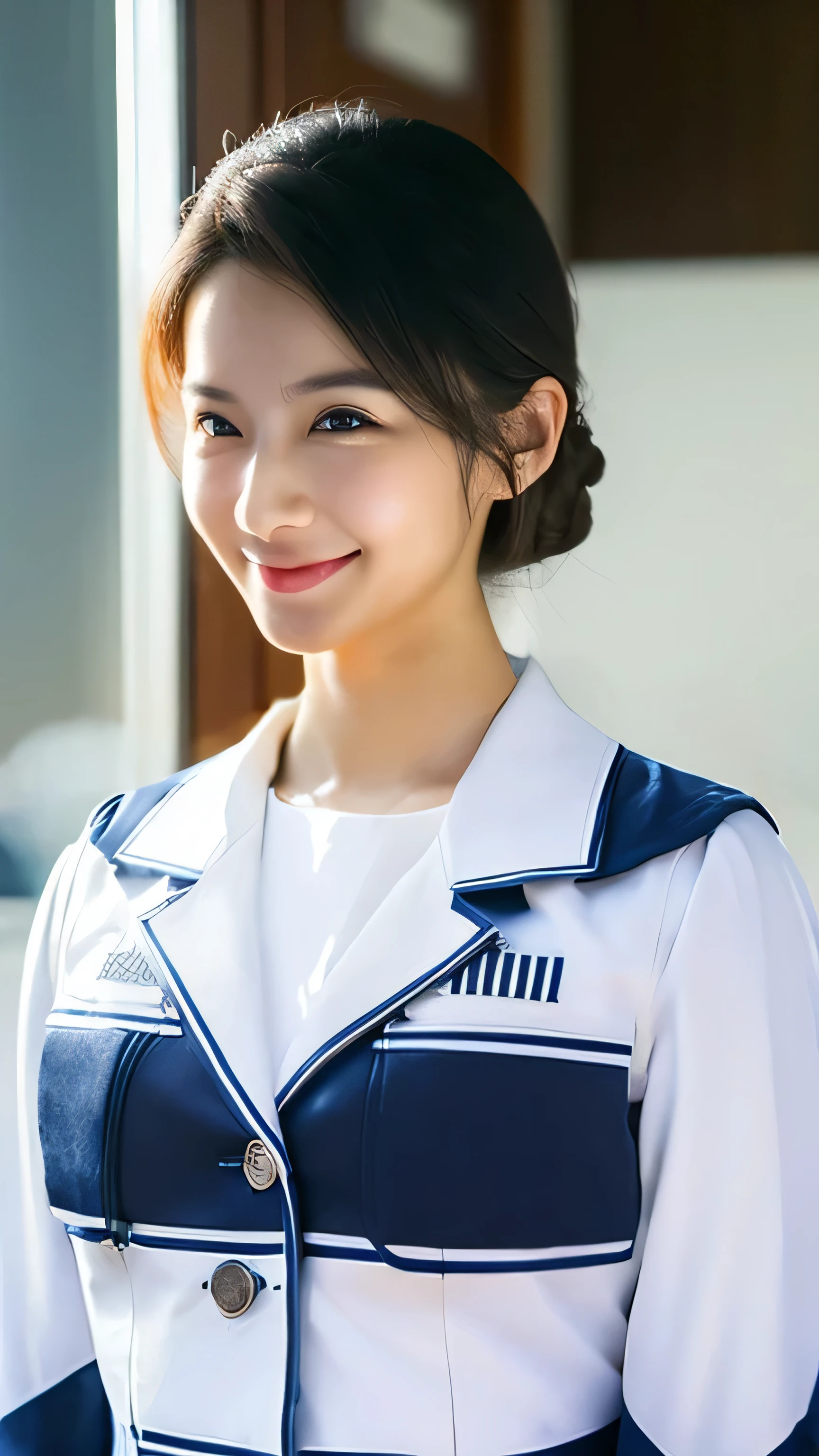 ((Navy blue jacket)),((White button-up shirt))