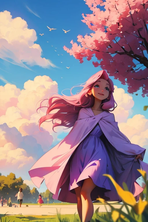 A pink haired woman with violet eyes with an hourglass figure in a summer dress is watching the clouds on a blanket with a smile at the park