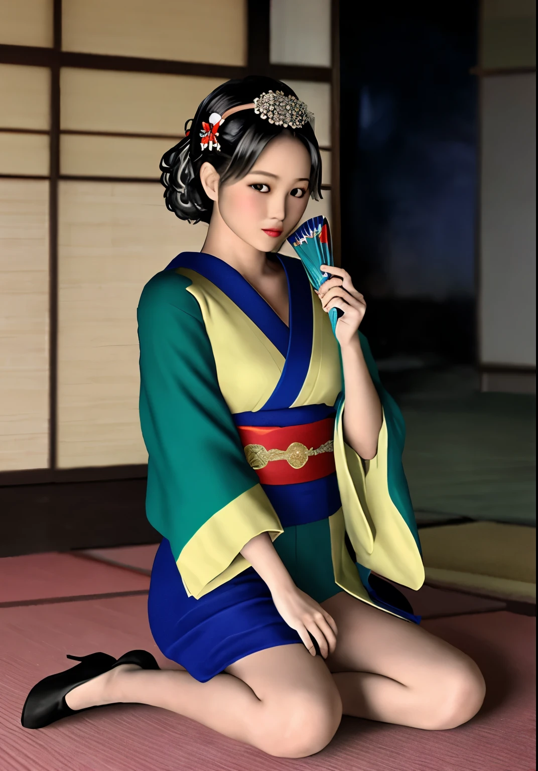 Arabian woman in kimono sitting on the floor holding a folding fan, Geisha in the 1920s, Japanese women, Japanese skilled geisha, by Tosa Mitsunobu, Traditional Japanese, Japanese Geisha, Traditional geisha costume, late meiji period, by Sawa Sekkyō, Vintage color photography