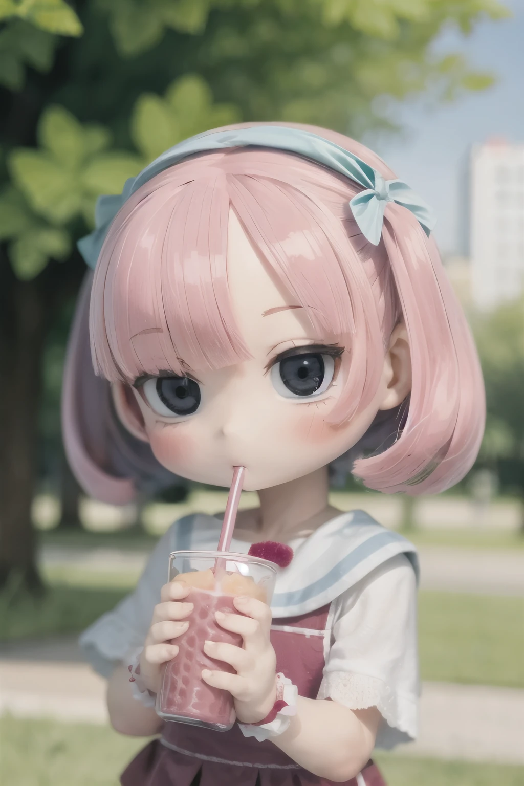 Photorealistic、Chibi Girl Doll（Drinking a fruit smoothie on the grass in the park）