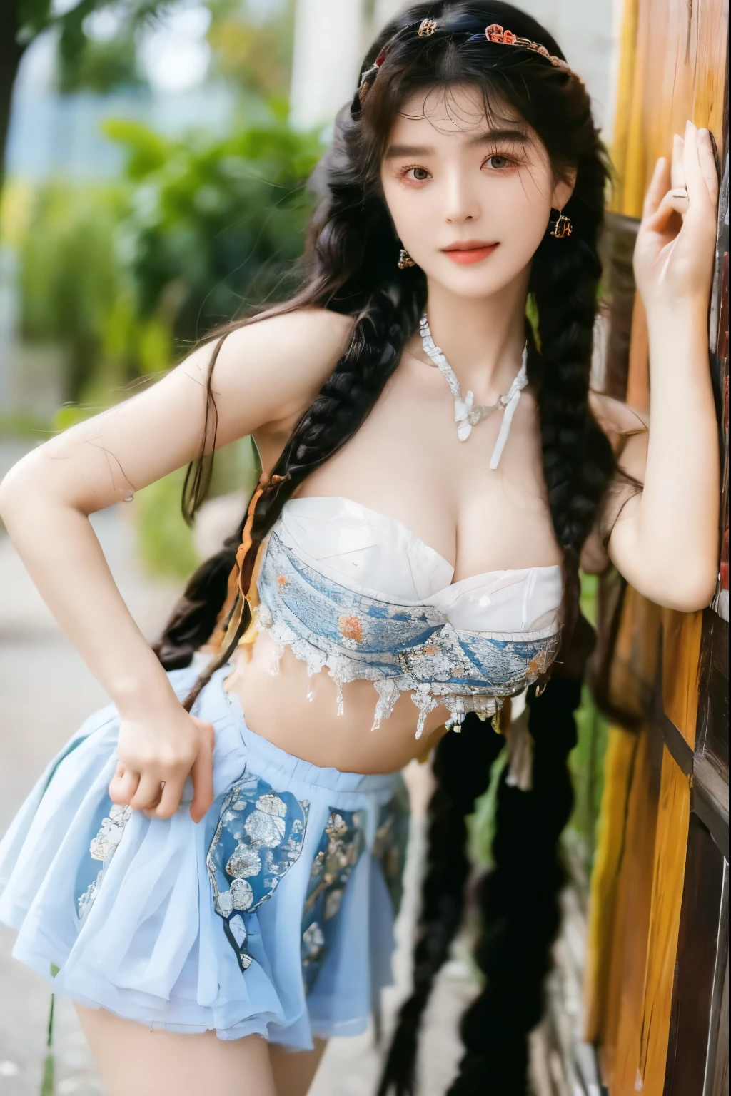 Beautiful woman with perfect body：1.4，Layered Hairstyle，Prominent cleavage，Highly detailed face and skin textures，Double eyelids，Skin Whitening，Long hair，Whitened long legs，standing in a school