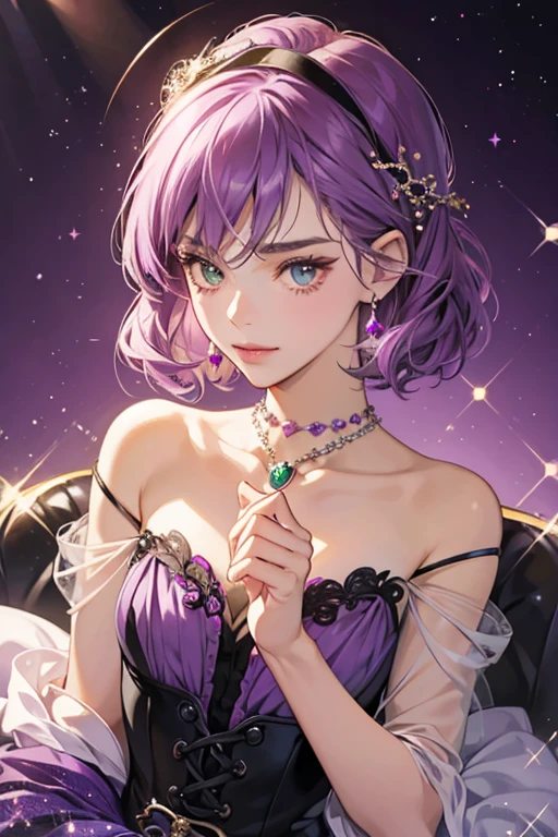 Amelie's Jewel Charm is green and hexagon-shaped with purple heart-shaped amethyst gems decorated onto it and has pink lining. SPARKLE; GLITTER