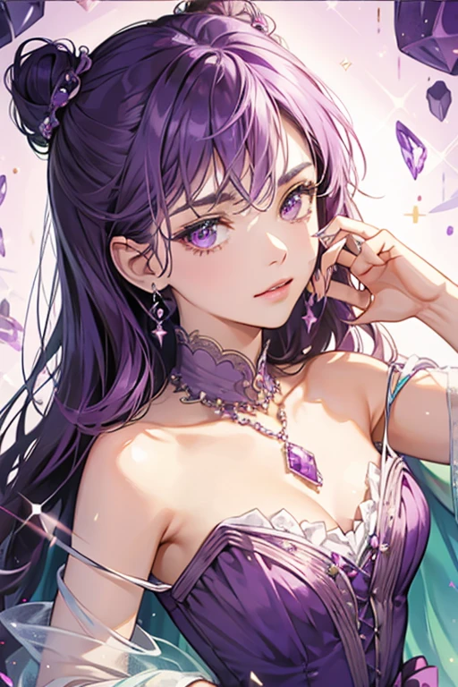 Amelie's Jewel Charm is green and hexagon-shaped with purple heart-shaped amethyst gems decorated onto it and has pink lining. SPARKLE; GLITTER