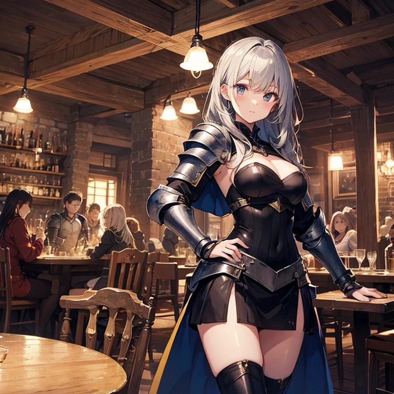 A group of young female knight, (in tavern), various hair styles, harem, wearing armored clothes, metal armor, night, details face, , short skirt, seducing, sword, sleeveless , night, starry night, bare breast