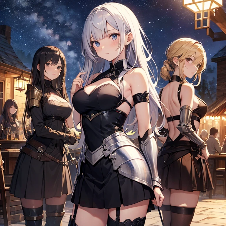 A group of young female knight, (in tavern), various hair styles, harem, wearing armored clothes, metal armor, night, details face, , short skirt, seducing, sword, sleeveless , night, starry night, bare breast
