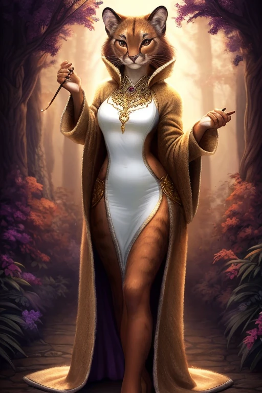 (ultra detailed), a breathtaking and exquisite full-size portrait of a feminine anthro feline, she-cougar, adorned with a sleek fur coat of golden hues, warm milk-chocolate eyes sparkling with mischief, graceful and lithe, capturing the essence of a goddess, wide hips and curvaceous figure accentuated by the soft glow of cenematic lighting. The portrait is set against a detailed background of a forest at dusk, with orange and purple hues casting a warm, mysterious atmosphere, dappled sunlight filtering through the leaves, the feline's luxurious fur shimmering with the light. Her tawny