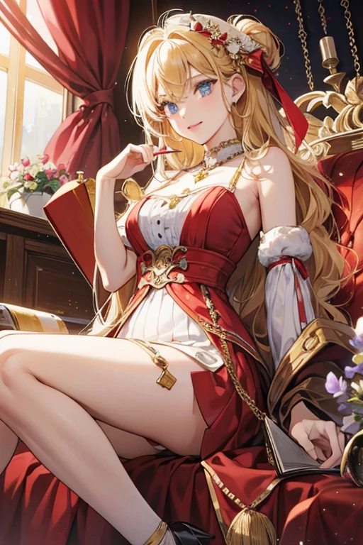 A woman in a red dress and gold jewelry sits on a red sofa, a beautiful fantasy empress, ((a beautiful fantasy empress)), beautiful and seductive anime woman, royal elegant pose, beautiful and elegant elf queen, 8K high quality detailed art, IG model | Art germ, Anime goddess, Art germ.exhibitionism,gigantic cleavage breasts,Breast details are depicted to the extreme,tmasterpiece, Awesome, peeping at the viewer, Realistis, Full body in the lens, Knees, squatt, Morena, long whitr hair, Thorough, highr, Force real water, White less cloth transparent mini shirt, White transparent thong, swimmingpool, RAWE is very detailed, ahegao, roll eyes, Be red in the face, Water runs in the mouth, Sticky tongue, Vaginal exposure, Leucorrhoea, very Bigger breasts, spread their legs, sexually arousing, sexual expressio, Glossy glossy skin。
