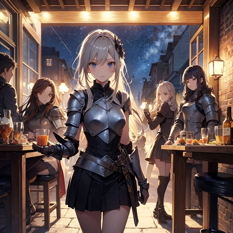 A group of young female knight, (in tavern), various hair styles, harem, wearing armored clothes, metal armor, night, details face, , short skirt, seducing, sword, sleeveless , night, starry night