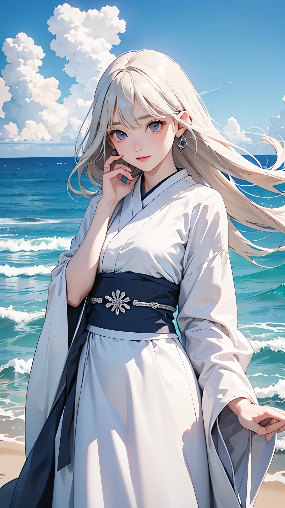 highest quality、Realistic、female、Japanese、zoom、cute、Gray Eyes、Platinum Blonde Hair、long hair、 Dresses、Ocean、blue sky、
