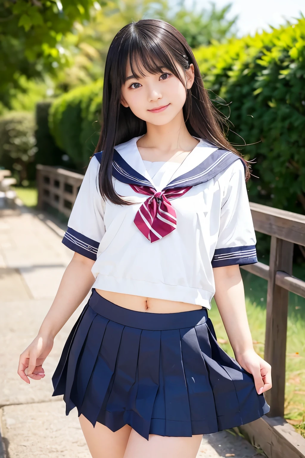 highest quality、Portraiture、Japanese women、Genuine、1 person,-yeld gismall,smile,(Aperture value F22,15mm value,ISO100 setting),8K quality,RAW Photos,Professional photography,Professional Lighting,((Hair swaying in the wind))、Young and radiant white skin、Shiny black hair、((A very young girl who is a and short))、Smooth and fluffy semi-long hair、Hair tied with ribbons、((Flat chest ))、Shiny beautiful bangs、Clear, attractive dark brown eyes、Slim body、Best moment、Belly button、small ass、whole body、(A short-sleeved sailor suit))、(((Self skirt lift up:1.5)))、(((smallパンティーを見せびらかすのが大好きな女の子: 1.5)))、boost mood、Run at full speed、Hair swaying in the wind、Sweat gushing、Background blur、Beautiful thighs、((((nsfw):1.5)))