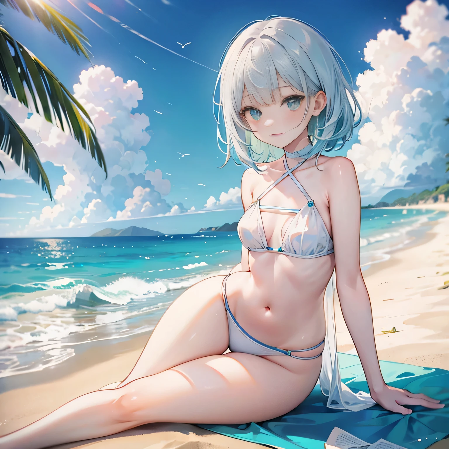 (flat sitting on the beach),full body,low angle,from below,((both arms down)),(pink elegant one piece swimsuit),((1girl,cute,young,semi long beautiful silver green hair,blunt bangs,beautiful eyes)),(solo),((masterpiece, highest resolution,best quality)), (beautiful illustration),(looking at the viewer), innocent smile,cinematic lighting,beautiful emerald green beach, white sand,waves,clouds,blue sky