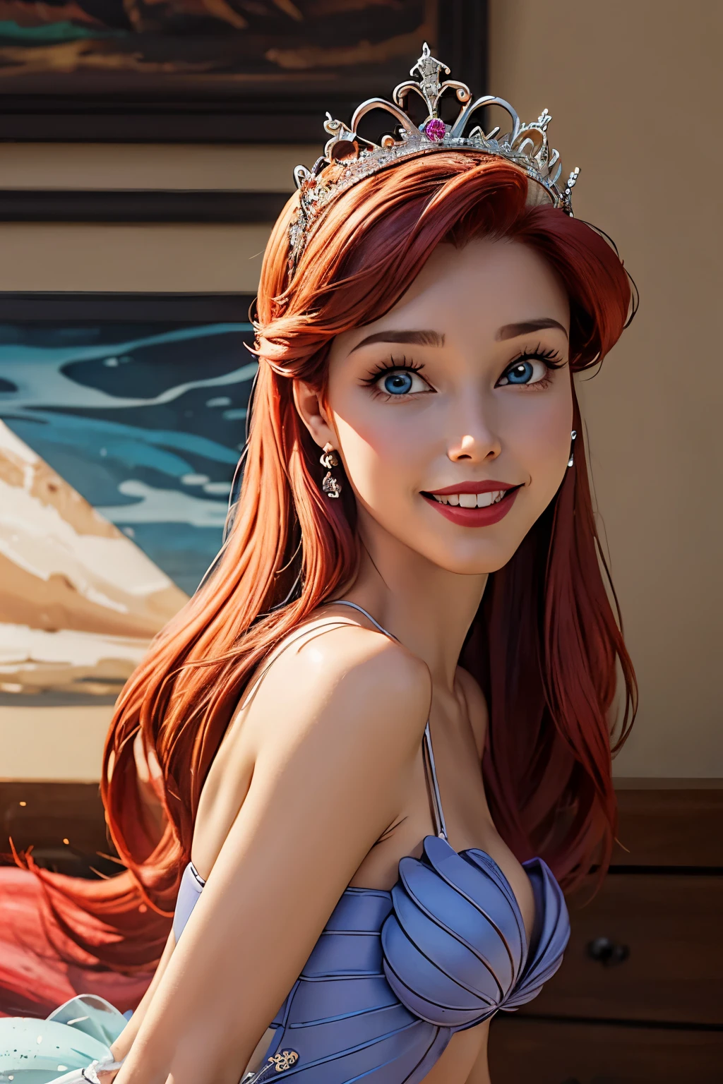 Model shooting style, View Viewer, Portraiture, Face focus, smile,
Arrierod, One girl, lips, Redhead, blue eyes, Pink Dress, Puffy shoulders, tiara,
indoor,  Depth of written boundary,
 Princess Ariel,ariel the little mermaid，Disney Princesses