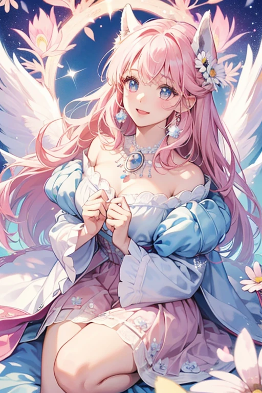 Angela is an alpaca with light pink wool, white face and hooves, and dark pink inner ears. Her Jewel Eyes are made out of blue angelites. For her attire, she wears two multi-colored daisy garlands on both of her ears and a light blue pearl necklace with a blue angelite jewel attached around her neck that has a white flower-shaped outline and angel wings jutting out of it. SPARKLE; GLITTER