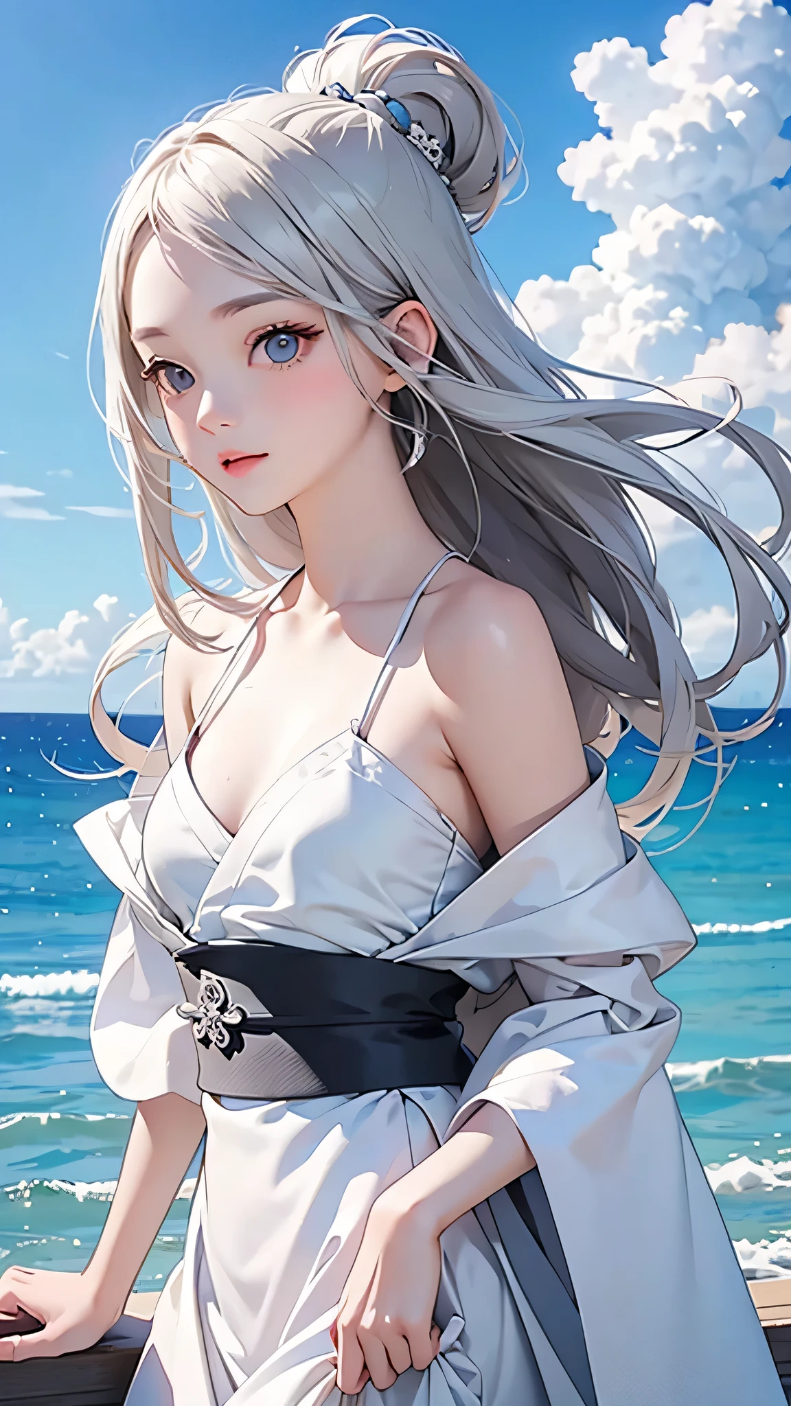 highest quality、Realistic、female、Japanese、zoom、cute、Gray Eyes、Platinum Blonde Hair、long hair、 Dresses、Ocean、blue sky、