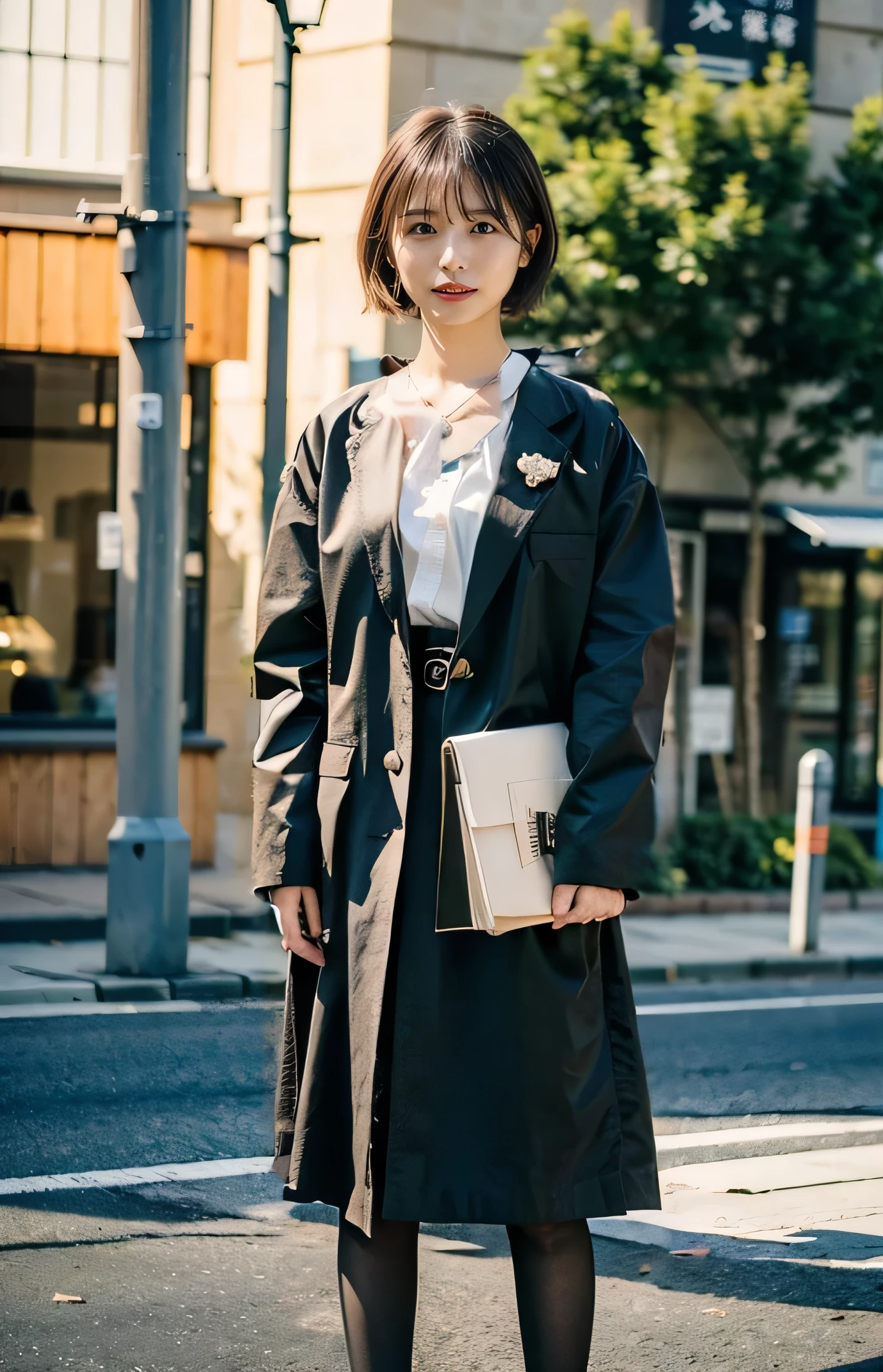 White elegant collared shirt、Tight brown skirt、