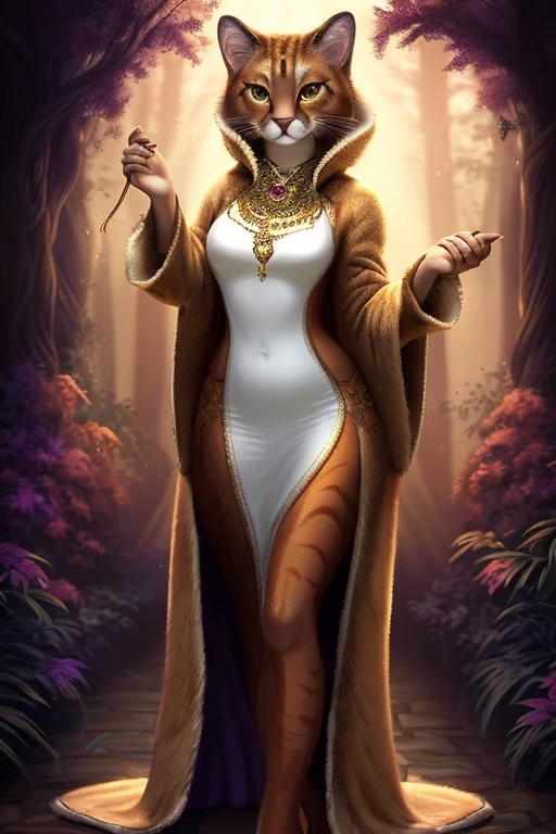 (ultra detailed), a breathtaking and exquisite full-size portrait of a feminine anthro feline, she-cougar, adorned with a sleek fur coat of golden hues, warm milk-chocolate eyes sparkling with mischief, graceful and lithe, capturing the essence of a goddess, wide hips and curvaceous figure accentuated by the soft glow of cenematic lighting. The portrait is set against a detailed background of a forest at dusk, with orange and purple hues casting a warm, mysterious atmosphere, dappled sunlight filtering through the leaves, the feline's luxurious fur shimmering with the light. Her tawny