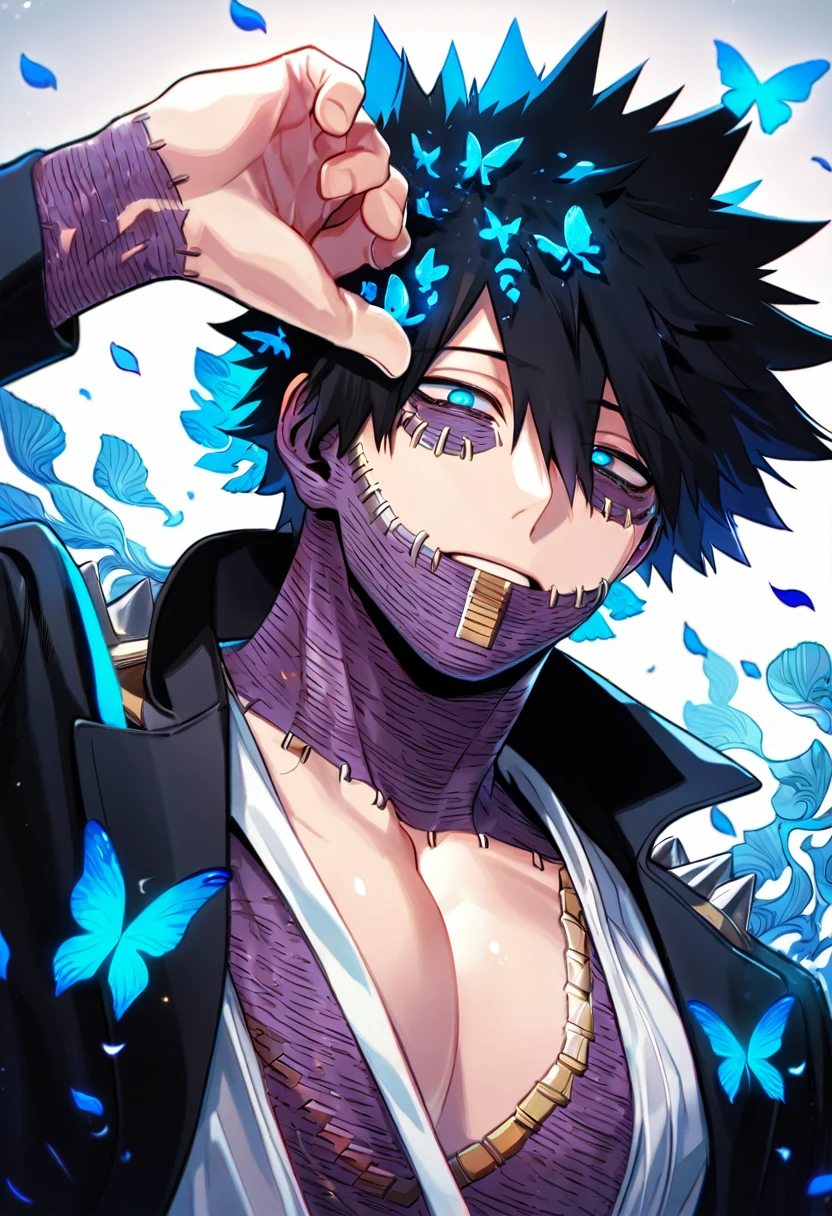 Ultra detailed, HDR, Highres, absurdres, master piece, Dabi, black hair that spikes upward around his head, expressive turquoise eyes, black coat with patterns, Boku No Hero Academia, cross, petals, butterflies, sexy man, solo, extremely detailed face and eyes, handsome, glittering, toned chest, white shirt, blue flames