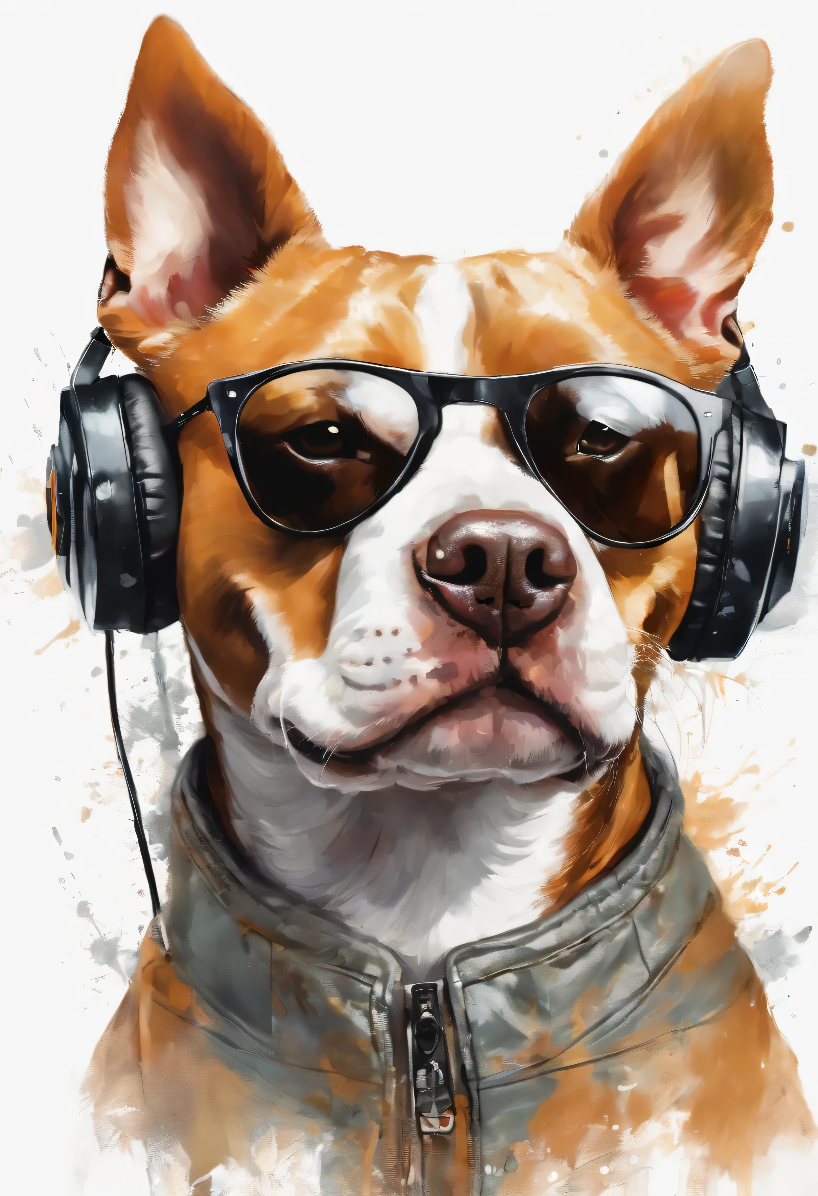 Perfect  beautiful masterpiece of a Cute Little pitbull, Wearing a student team jacket, Wearing sunglasses, Wearing headphones, cheerfulness, Standing position, Abstract beauty, Centered, Looking at the camera, Facing the camera, Approaching perfection, Dynamic, Highly detailed,  Smooth, Sharp Focus, 8K, hight resolution, Illustration, art by carne griffiths and wadim kashin, White background