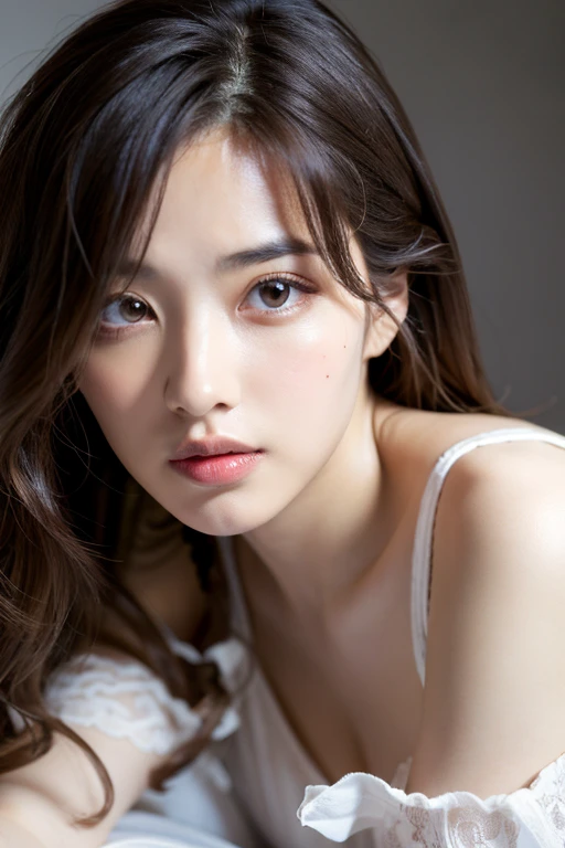 Tabletop, highest quality, figure, Super detailed, finely, High resolution, 8K Wallpaper, 完璧なダイナミックな構figure, Detailed and beautiful eyes, In a negligee,Medium Hair, Center of chest, Natural color lip, Random sexy poses,Tired look,Bedroom,Ridiculous