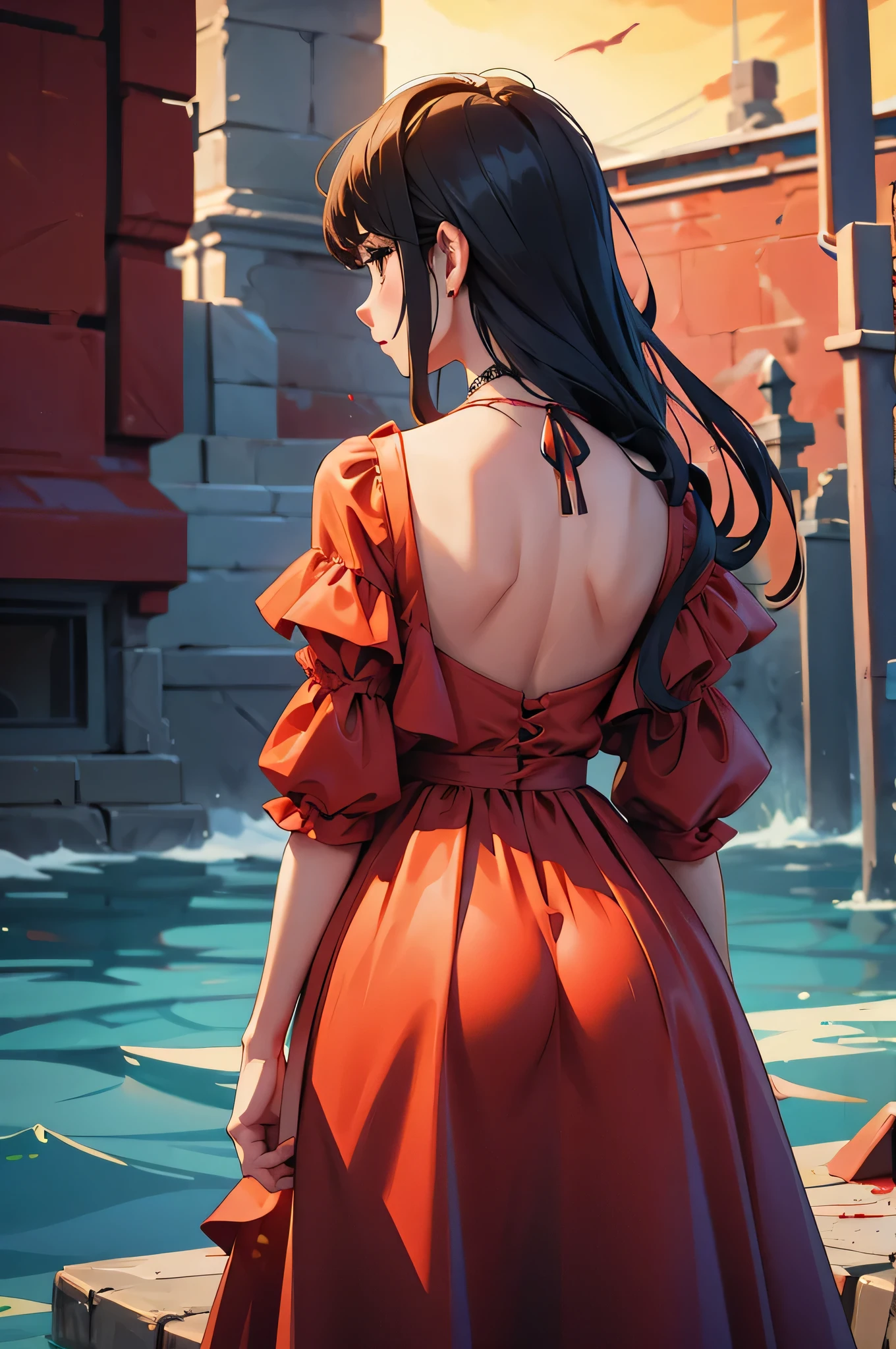 fingers crossed behind back, blood, in sundress, dark