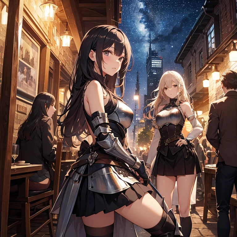 A group of young female knight, (in tavern), various hair styles, harem, wearing armored clothes, metal armor, night, details face, , short skirt, seducing, sword, sleeveless , night, starry night 