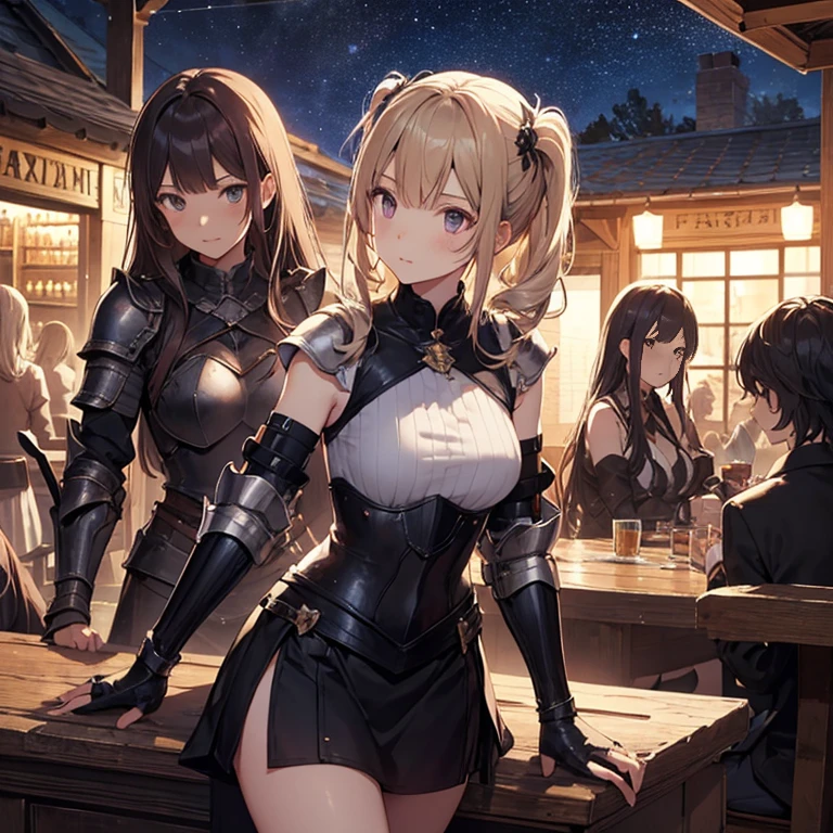 A group of female medieval fantasy adventurers, (in tavern), various hair styles, harem, night, details face, short skirt, seducing, armor