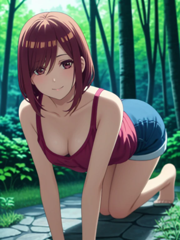 masterpiece, highest quality, High resolution, wallpaper, Realistic, Bright lighting, Professional Lighting, Face Light, Smooth lighting, Japanese Girls, ((Whole body 1.4)),On all fours, cute, smile, beautiful girl, gravure, y, so beautiful, Beautiful Skin, Beautiful and detailed、Detailed face、slim、Moderate, short hair, Brunette colored hair, Brown eyes, View your viewers,Tank top, Short-length shorts,Morning sun shining through a misty forest path.Small,Cle