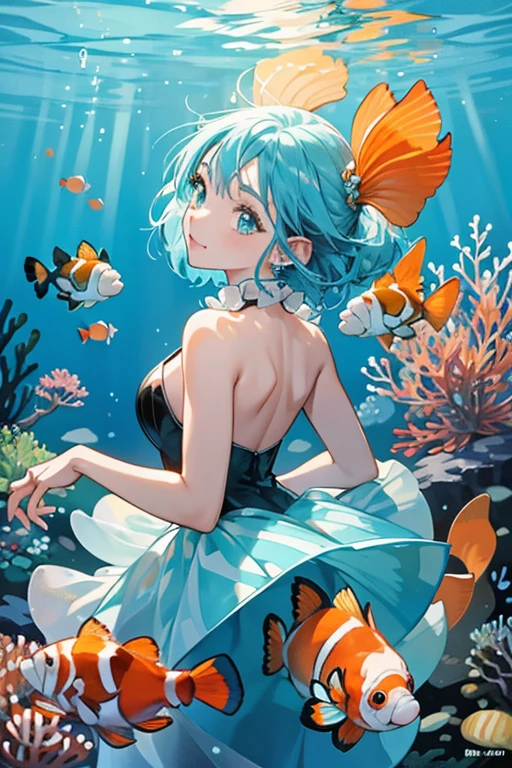 Aqua is a naturally colored girl clownfish with an orange body, a white stripe on her back and black tips on her fins and tail. her Jewel Eyes are made out of blue aquamarines. For her attire, she wears a chain of blue aquamarine jewels around her head. SPARKLE; GLITTER