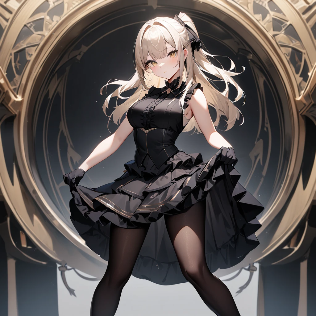 1 girl,best quality, very aesthetic,absurdres,looking at viewer,front view,Lovely lady,,skirt lift,high-grade,layer,westfrill,light hair,multilayer,blackcolor,trim,(side-Crisscross),breasts,upscale,Layered,yellow pale,blackglove,pantyhose,lovely,all black,Sleeveless,open stance,curtsey,impossible_clothes,half up,blouse