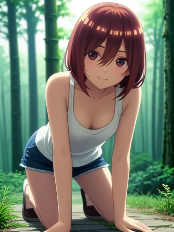 masterpiece, highest quality, High resolution, wallpaper, Realistic, Bright lighting, Professional Lighting, Face Light, Smooth lighting, Japanese Girls, ((Whole body 1.4)),On all fours, cute, smile, beautiful girl, gravure, sexy, so beautiful, Beautiful Skin, Beautiful and detailed、Detailed face、slim、Moderate, short hair, Brunette colored hair, Brown eyes, View your viewers,Tank top, Short-length shorts,Morning sun shining through a misty forest path.Small,Cleavage
