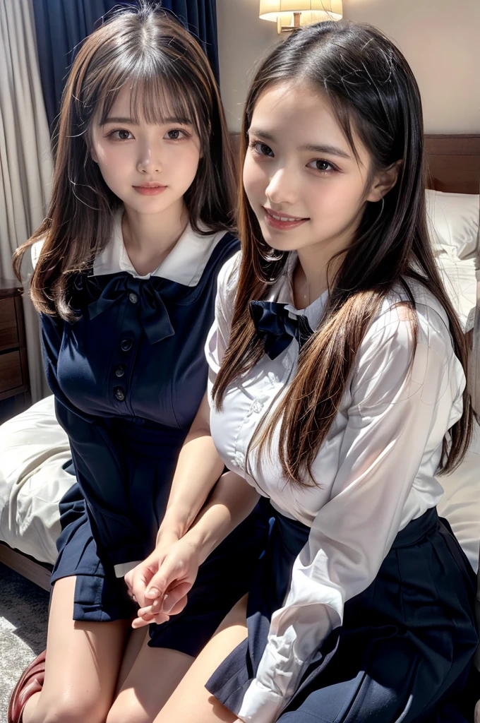 ((Four schoolgirls sitting on bed,Sit across from me,Look at me affectionately fascinated、Enraptured look,Trance,Everyone sees the camera perfectly,1 beautiful girl who is half Spanish,a blond,Brown hair,A dark-haired,photoRealstic,Luxury hotel bed taken from the lap,Same uniform,japanese,4 schoolgirls,Play with each other,Touching each other's bodies,Touching the body of the girl next door,4 Close contact,Very hilarious pose)),(Navy blue skirt in a sailor suit、Red ribbon and white shirt,Same ,large full breasts,very huge round breasts,Beautiful makeup,glitter makeup,Cutest 18 years old)),((Realistic lighting,during daytime,The background is a luxury hotel room,A detailed face,perfect teeth,White teeth,finerly detailed face,Beautiful face,an ecstatic look on one's face,Perfect fingers,Accurate 5 fingers,high-definition RAW color photography, professional photograpy, extremely delicate and beautiful, Extremely detailed,finely detail, Huge file size,Top image quality,8K))