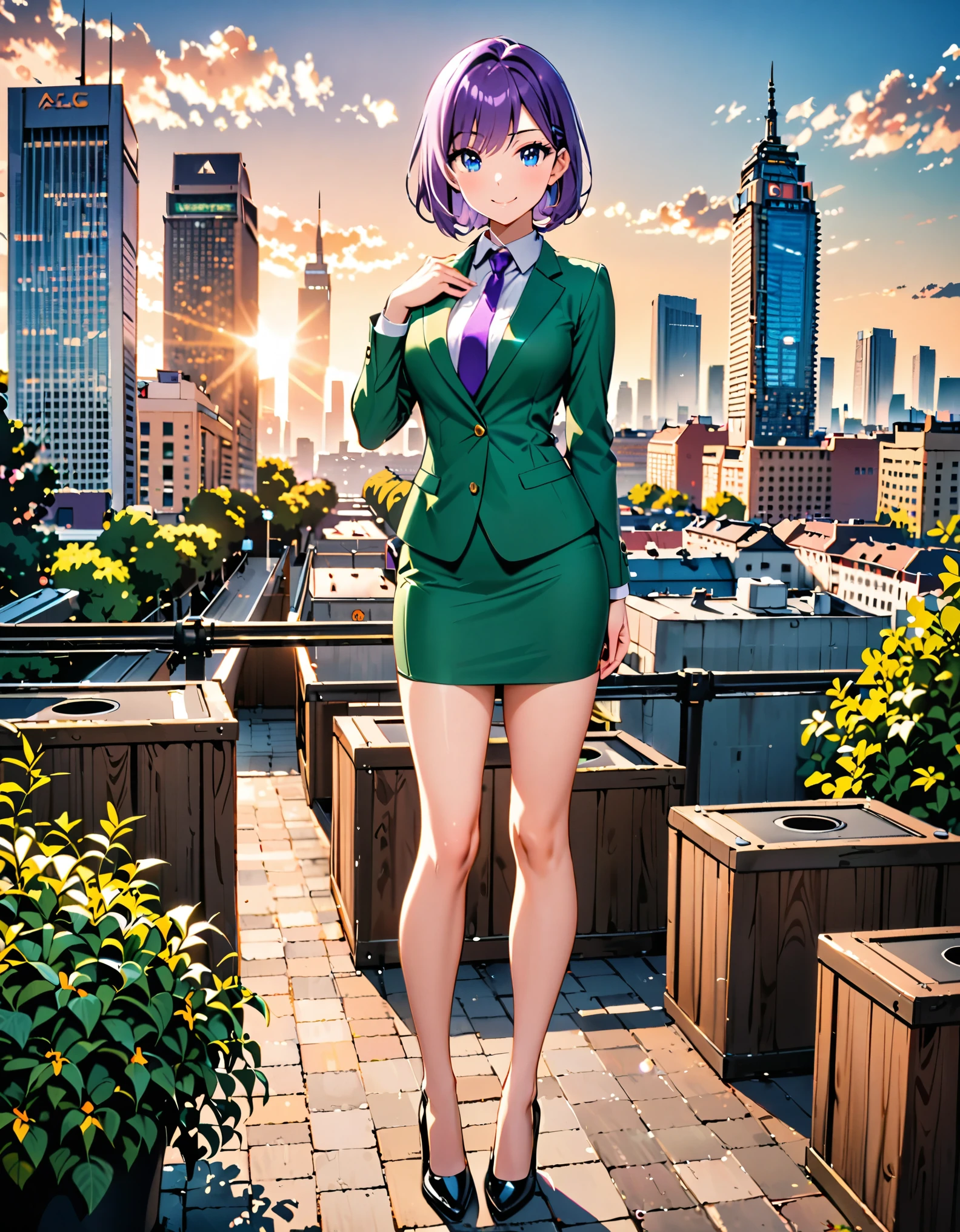 masterpiece, best quality, highres, 1girl, solo, green suit and tie, pencil skirt, miniskirt, bare legs, matching shoes, looking at viewer, city backdrop, perfect hands, perfect eyes, perfect legs, perfect arms, perfect fingers, medium breasts, standing, purple hair, short hair, bob hair, blue eyes, standing, smile, full body with costume, :d
