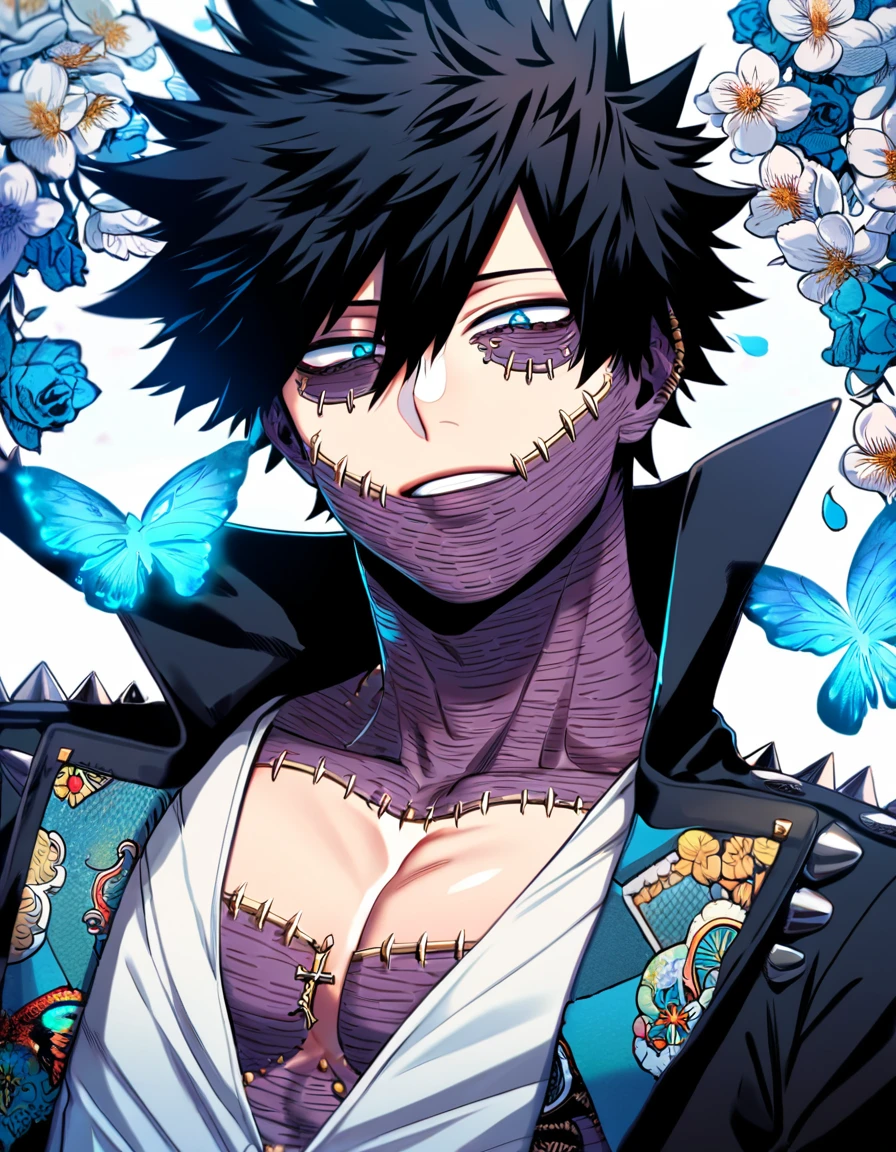 Ultra detailed, HDR, Highres, absurdres, master piece, Dabi, black hair that spikes upward around his head, expressive turquoise eyes, black coat with patterns, Boku No Hero Academia, cross, petals, butterflies, sexy man, solo, extremely detailed face and eyes, handsome, flowers, toned chest, white shirt, blue flames