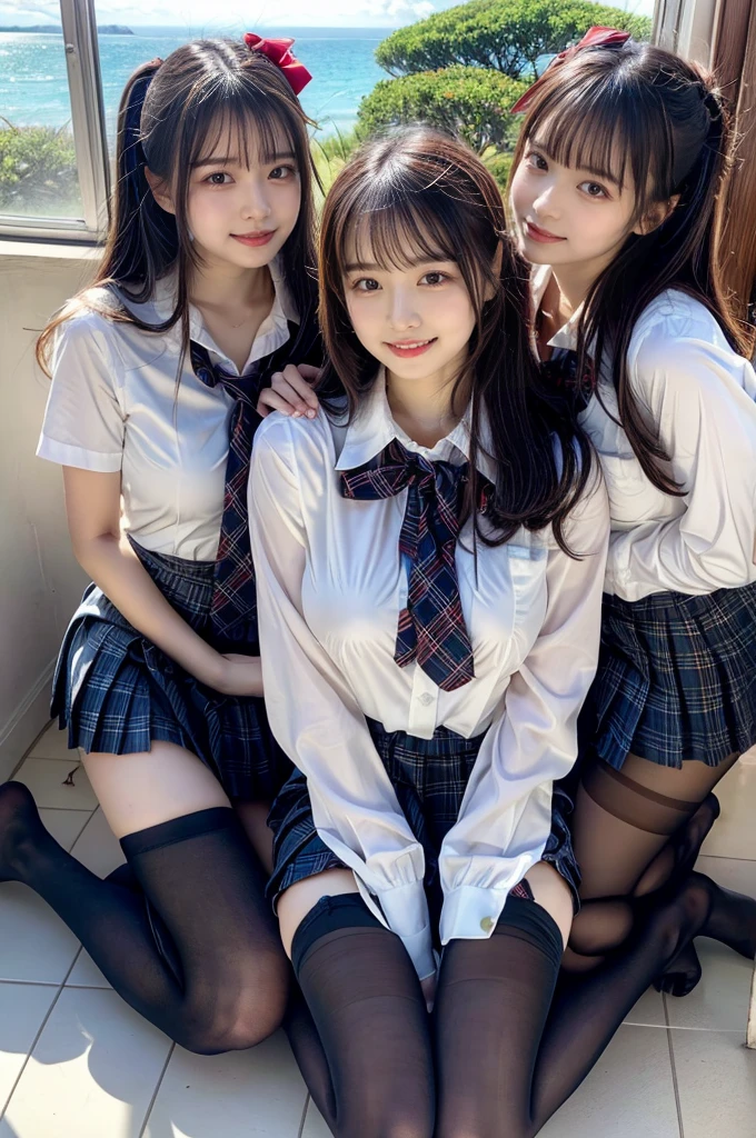 (Highschool girls inside suite room:1.4, , cute faces:1.5, triangular face, sitting on gorgeous bed), looking at viewer, ((embarrassed:1.3, smile:1.1)), shy smile, open mouth, silky skins, natural makeup, glossy lips, group shot, (sexual suggestive:0.7), (identical school uniform:1.5, white shirt open chest, see through , both hand on breast:1.24), (naked :0.2), (3 girls:1, perfect style, full body), ((slender body)), (pleated plaid skirt, show panties), (raw photo:1.4),(( legs wide open, ribbons, pantyhose:1.2)), (gentle light, 16k wallpaper, raw photo, idol), BIBE, (wide window with ocean scenery, expensive furniture:1.3, sheets on floor:1.4, flowers in planter), (very huge round breasts)