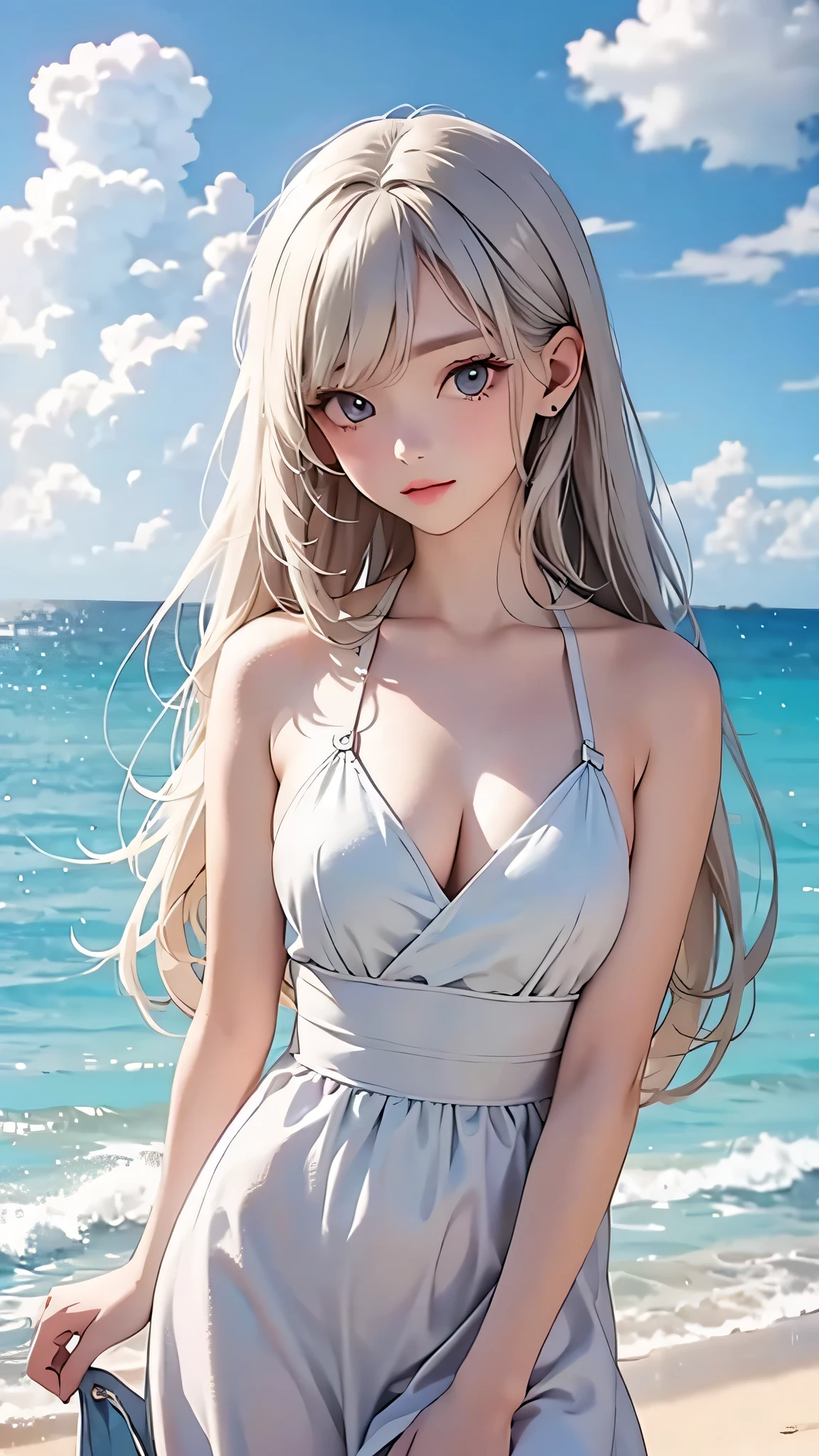 highest quality、Realistic、female、zoom、cute、Gray Eyes、Platinum Blonde Hair、long hair、 Dresses、Ocean、blue sky、