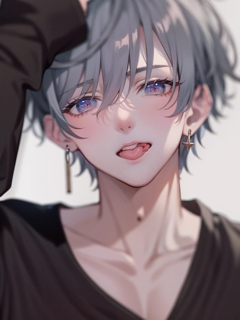 masterpiece, best quality, high quality, ultra detailed, 1boy, solo, dark gray hair, silver eyes, looking side, black shirt, handsome, earrings, sticking out tongue, white background