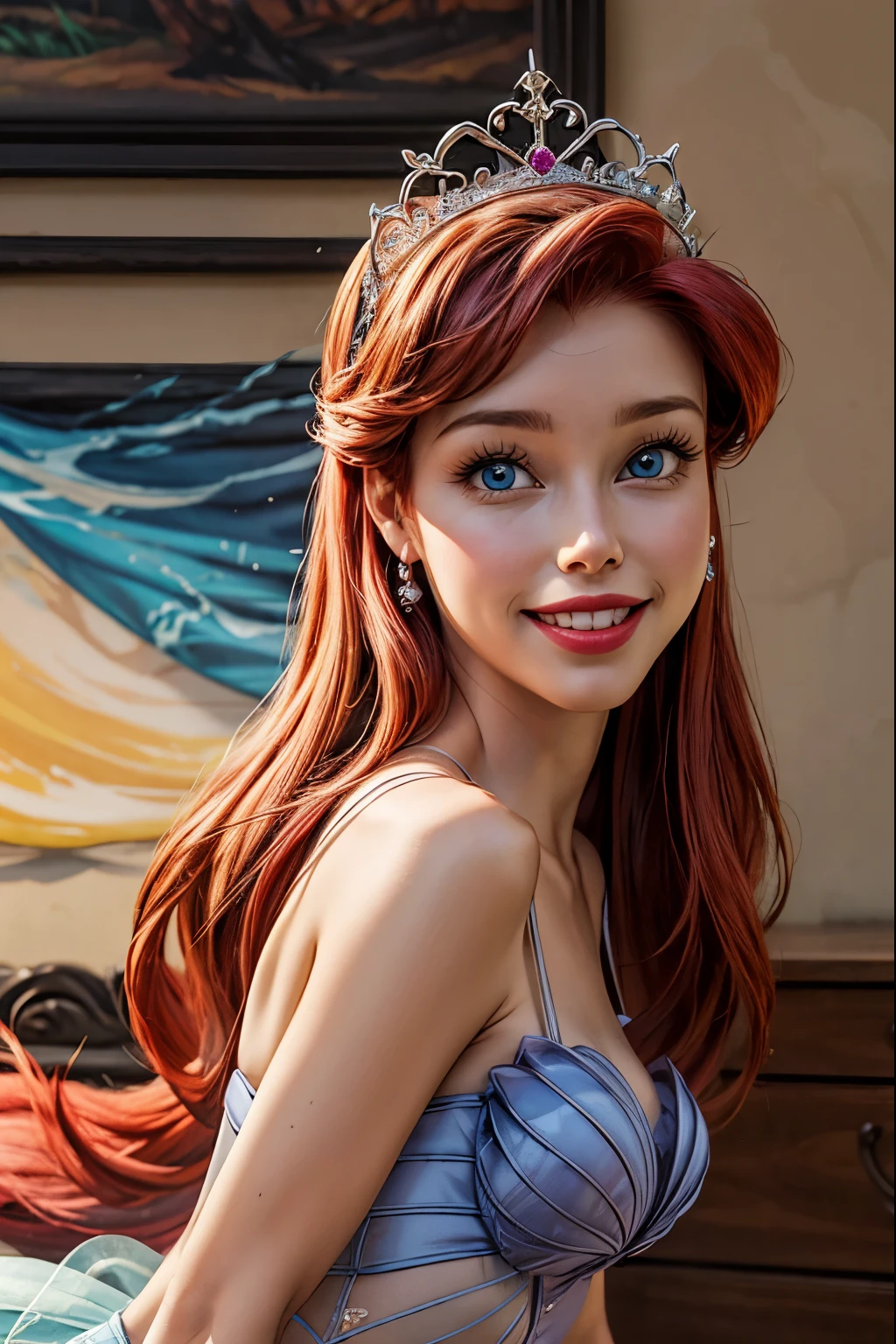 Model shooting style, View Viewer, Portraiture, Face focus, smile,
Arrierod, One girl, lips, Redhead, blue eyes, Pink Dress, Puffy shoulders, tiara,
indoor,  Depth of written boundary,
 Princess Ariel,ariel the little mermaid，Disney Princesses