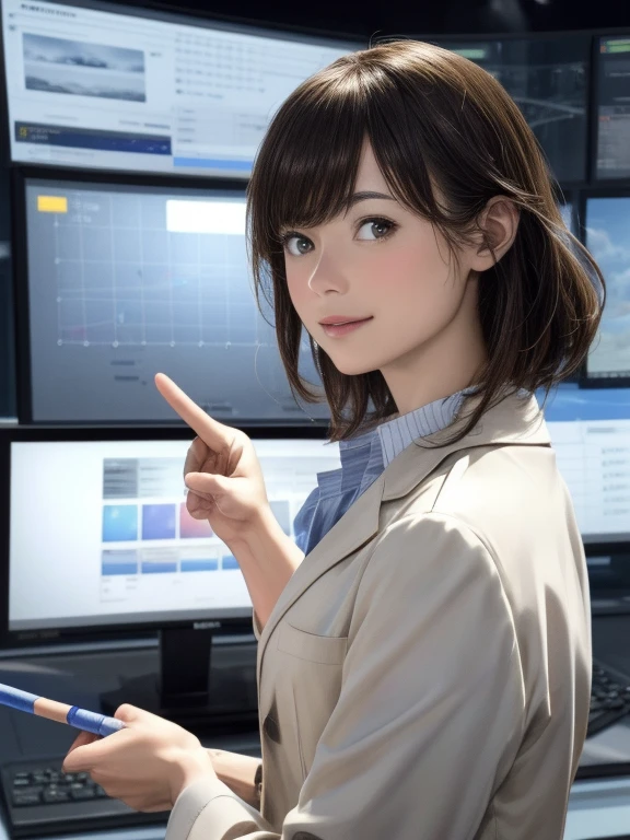 (best quality, 4k, 8k, highres, masterpiece:1.2), ultra-detailed, realistic:1.37, studio lighting, vivid colors, professional, sharp focus, bokeh, medium:photography, background, recording scene of a TV weather forecast program, female weathercaster standing in front of a weather map board, wearing a stylish business suit, pointing to the weather map with a stick, looking at the camera, male weathercaster listening to the explanation, engaging in a serious conversation.