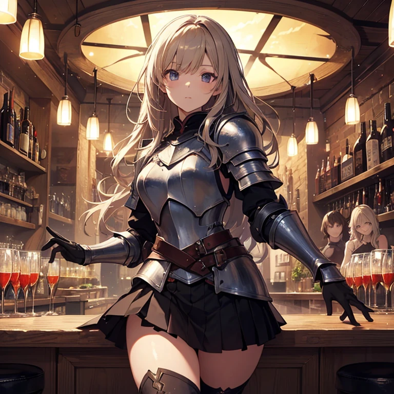 1girl, wifo, mature woman, muscular, solo, mordred \(fate\), ponytail, green eyes, braid, smug, full body, full knight armor, silver armor, mordred armor, fate apocrypha, red edges, tavern, table, sitting in chair, crossed legs, no errors, well detailed, extremely well done, scene at night, table with candles, lighting by candles, medieval bar, holding a glass of wine, looking at the viewer, large breasts