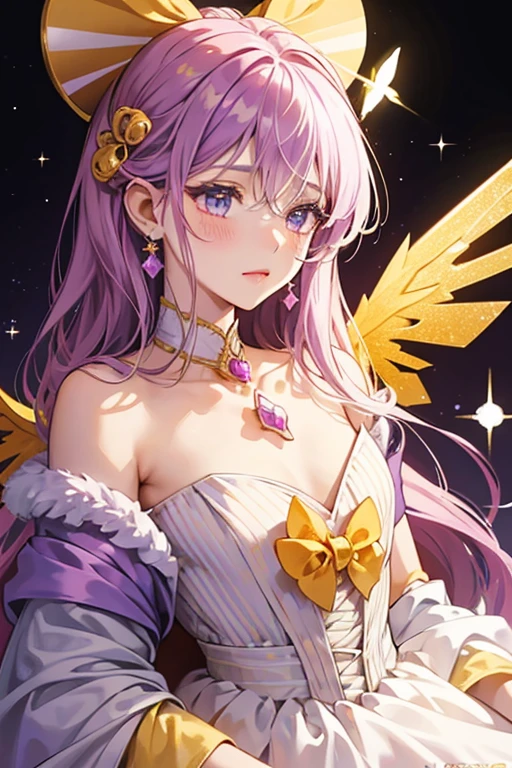 Charotte is a small honey bee with a yellow body and head, black stripes, an orange nose, pink antennae and blush marks, light blue wings and white fluff around her neck. Her Jewel Eyes are made out of purple charoites. For her attire, she wears a purple crystal bow on the left side of her head and a purple honeycomb-shaped charoite jewel attached to the white fluff with an orange honeycomb in the middle of it. SPARKLE; GLITTER