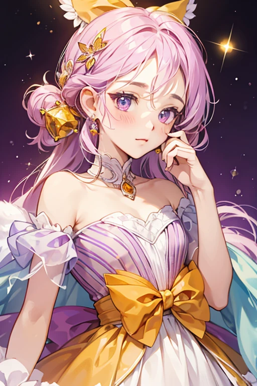 Charotte is a small honey bee with a yellow body and head, black stripes, an orange nose, pink antennae and blush marks, light blue wings and white fluff around her neck. Her Jewel Eyes are made out of purple charoites. For her attire, she wears a purple crystal bow on the left side of her head and a purple honeycomb-shaped charoite jewel attached to the white fluff with an orange honeycomb in the middle of it. SPARKLE; GLITTER