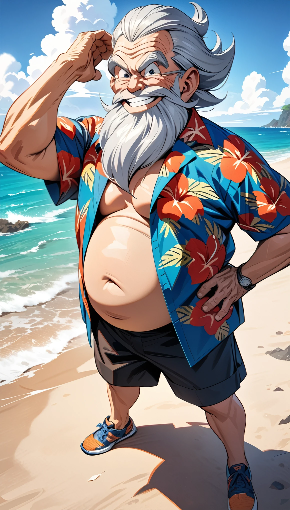 **Caricature of Santa at a sunny beach, beach Qutfit, tank Top, Sandales, Hawaii shorts, sunglasses, full Body, Bubble Head Style, characteristic  exaggerated facial features of [Santa]  [freaky smile] by Tim Burton --ar 2:3 --no elongation --auto --s2