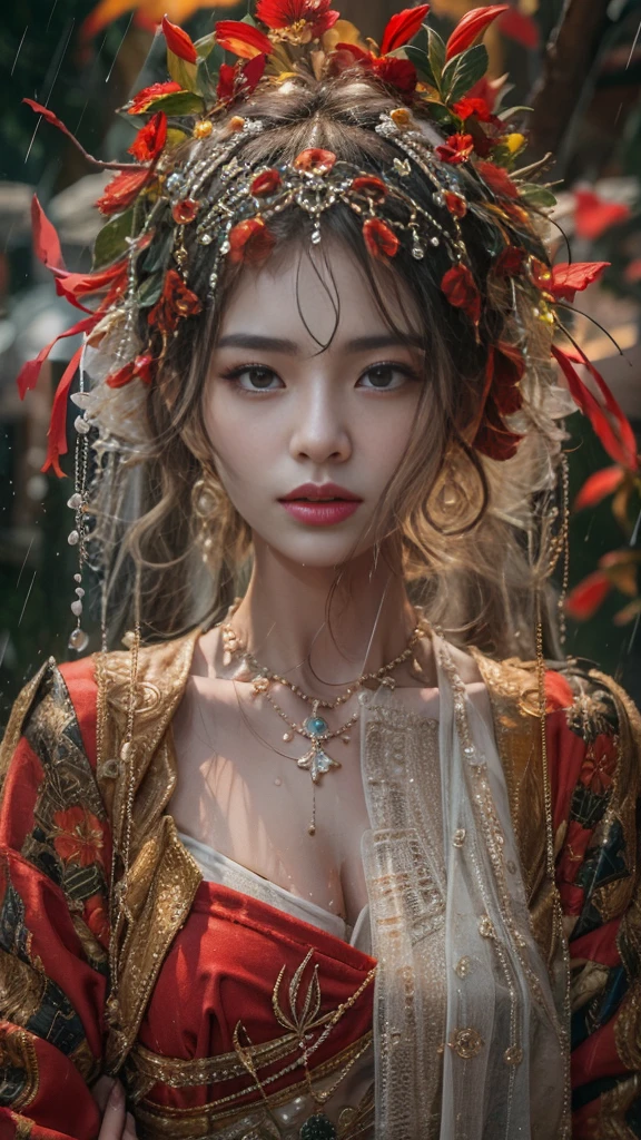 (RAW shooting, Majestic:1.3, 32k:1.5, highest quality, masterpiece, Ultra-high resolution), Perfect dynamic composition:1.3, (heavy snow, On the Cliff:0.7, Majestic背景:0.7, Expressions of sadness:0.9), 非常にDetailed肌と顔の質感:1.3, Wet slim woman:1.0, Random Shot, Fair skin:1.2, Mystical Expressions:1.0, Incredibly slim body:1.2, Fractal Art:1.1, Very beautiful face:1.1, Water droplets on the skin, (Rain drips down on my body:1.1, Wet body:1.1, Wet Hair:1.1), (Standing Pro:0.8, With a wet bouquet:0.9, Beautiful red maxi dress portrait:1.0, Woven Belt), Shapely breasts, (Big eyes that exude beautiful eroticism:0.5, Lips that exude beautiful eroticism:0.5), Detailed, I love you, Very sweet atmosphere, necklace, Earrings, bracelet